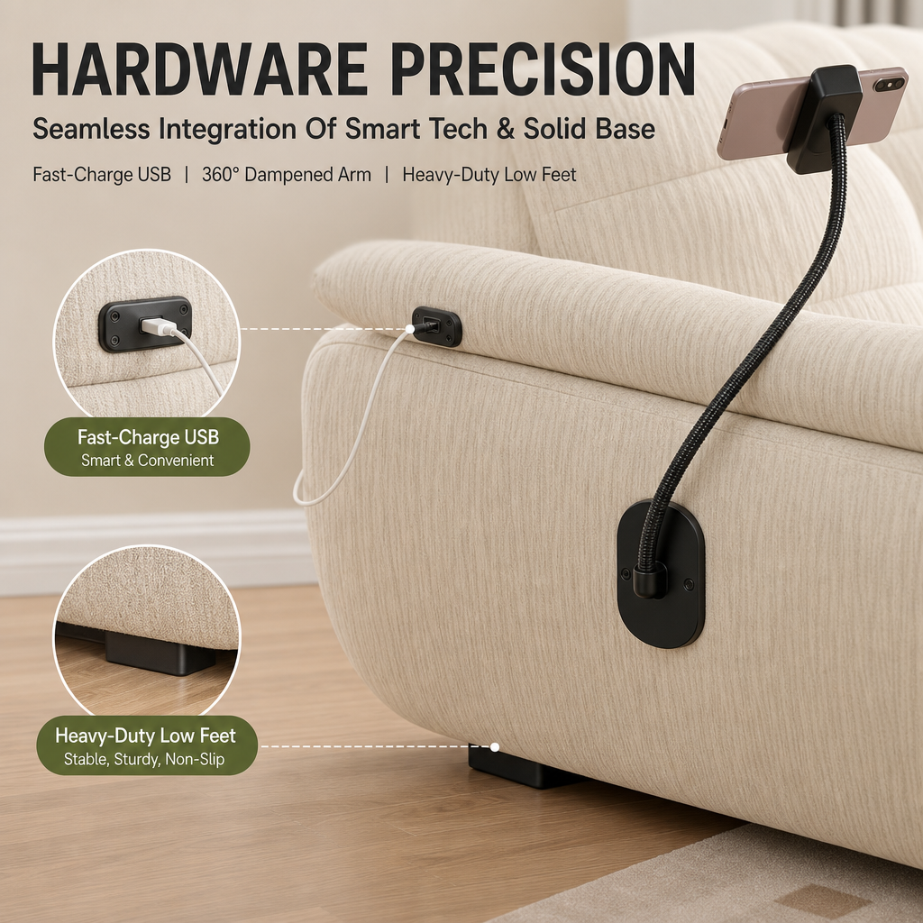 Cream Cloud Sectional Sofa with Removable Covers, Built‑in 360° Phone Holder & USB Charging Port, 58cm High Backrest Deep Seating Boucle Couch for Living Room
