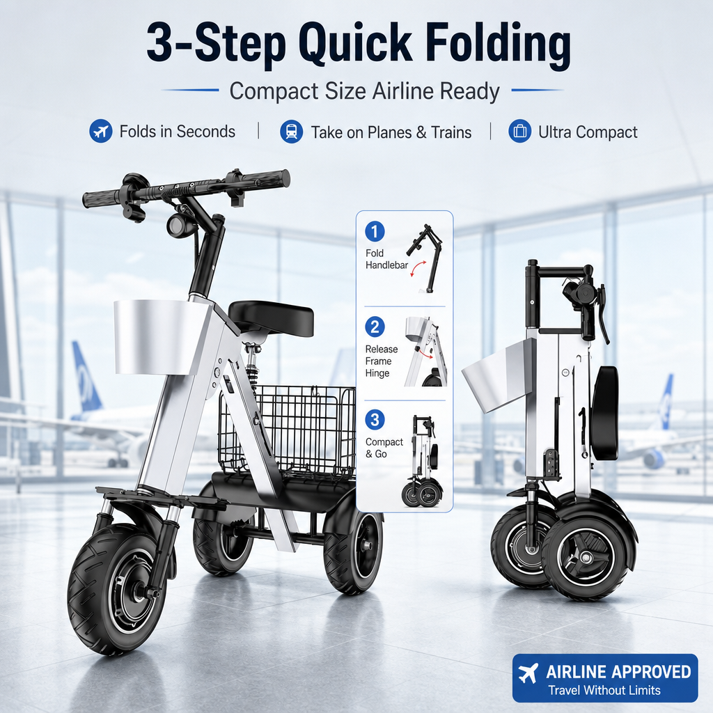 Airline‑Ready 3‑Wheel Folding Electric Scooter, 450W Motor Removable Battery, Portable Foldable E‑Scooter with Storage Basket Shock Absorption for Travel & Daily Errands