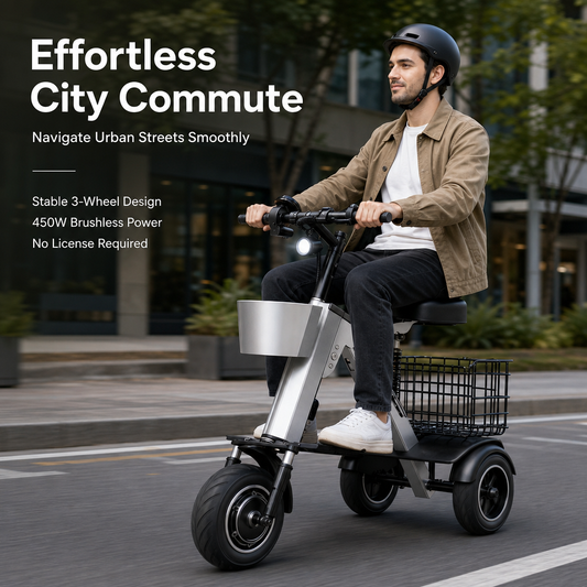 Airline‑Ready 3‑Wheel Folding Electric Scooter, 450W Motor Removable Battery, Portable Foldable E‑Scooter with Storage Basket Shock Absorption for Travel & Daily Errands