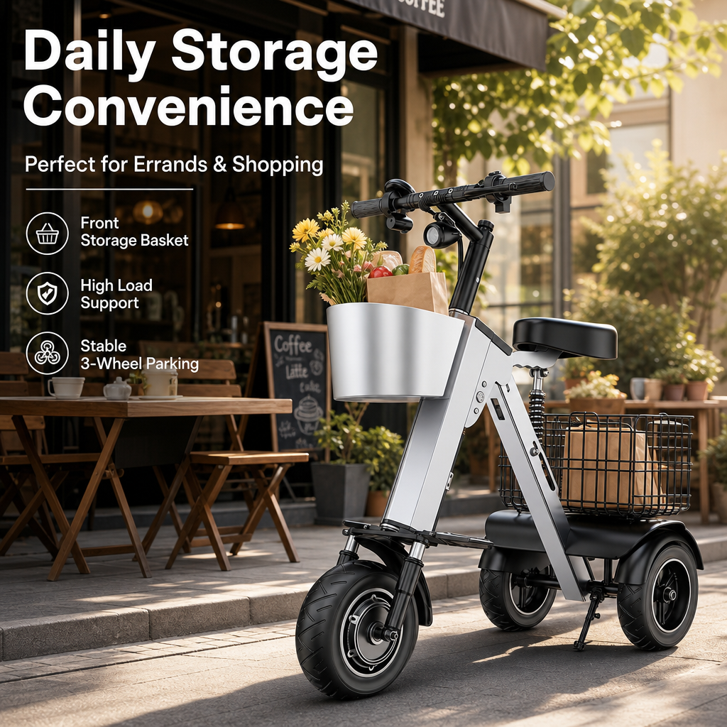 Airline‑Ready 3‑Wheel Folding Electric Scooter, 450W Motor Removable Battery, Portable Foldable E‑Scooter with Storage Basket Shock Absorption for Travel & Daily Errands