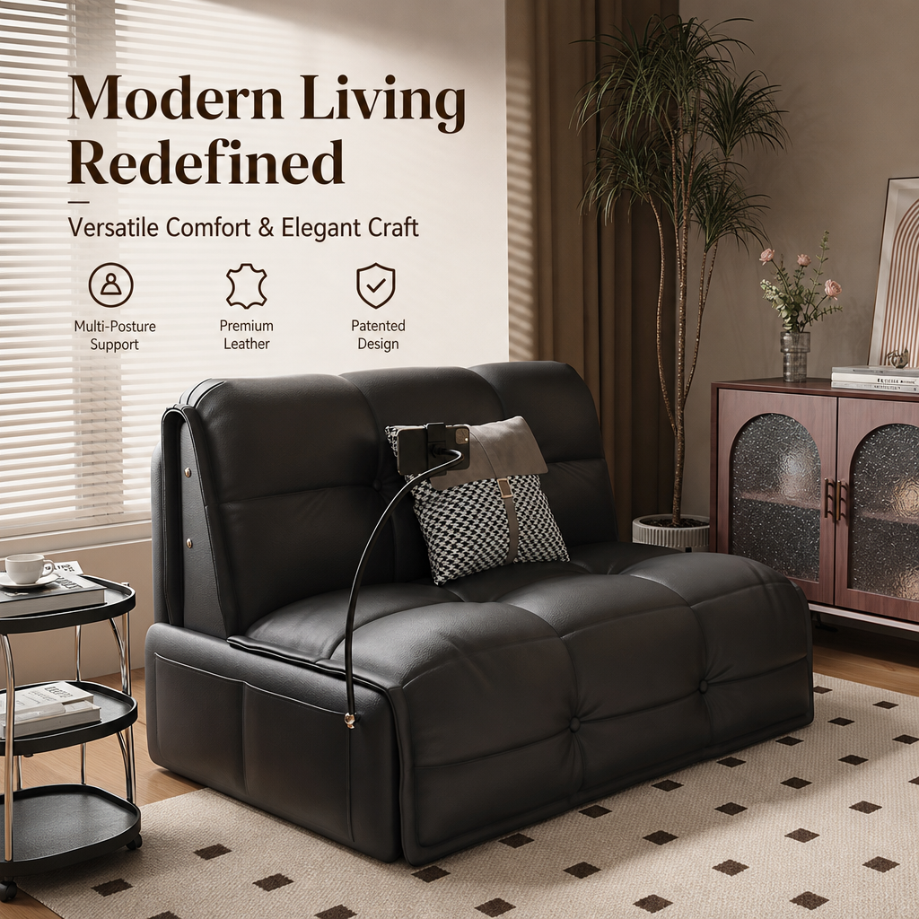 2‑in‑1 Leather Sofa Bed with Phone Holder & Hidden Storage, Convertible Pull‑Out Sleeper Couch with Wheels, Ergonomic Multi‑Posture Lounge Sofa for Small Apartment