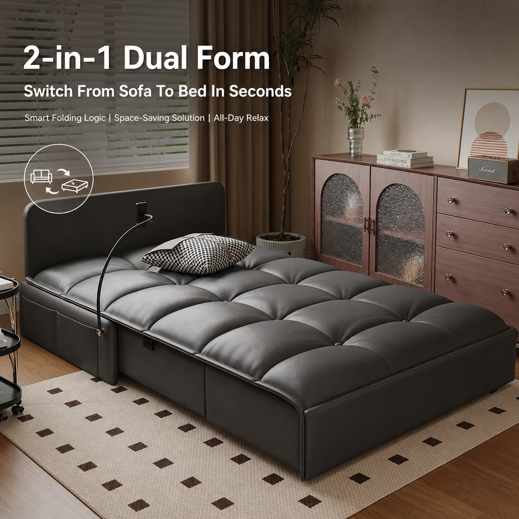 2‑in‑1 Leather Sofa Bed with Phone Holder & Hidden Storage, Convertible Pull‑Out Sleeper Couch with Wheels, Ergonomic Multi‑Posture Lounge Sofa for Small Apartment