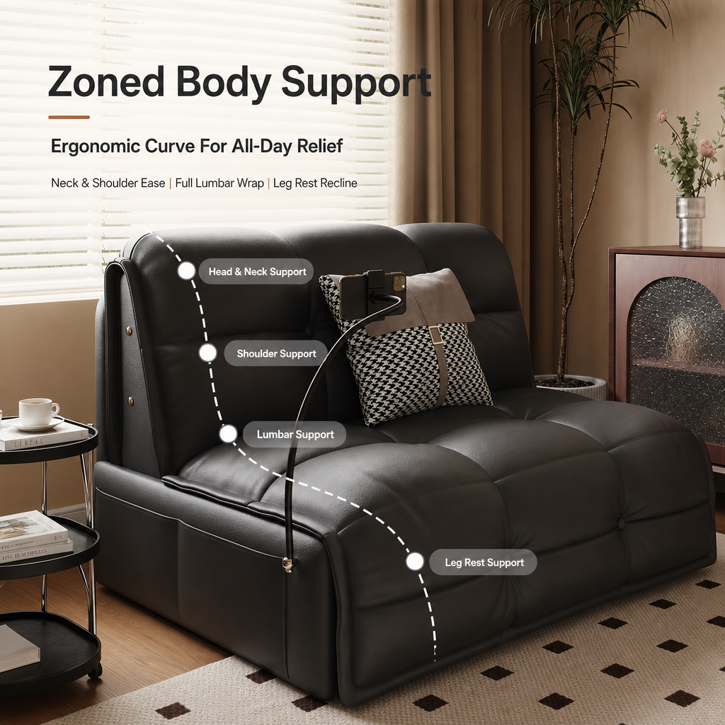 2‑in‑1 Leather Sofa Bed with Phone Holder & Hidden Storage, Convertible Pull‑Out Sleeper Couch with Wheels, Ergonomic Multi‑Posture Lounge Sofa for Small Apartment