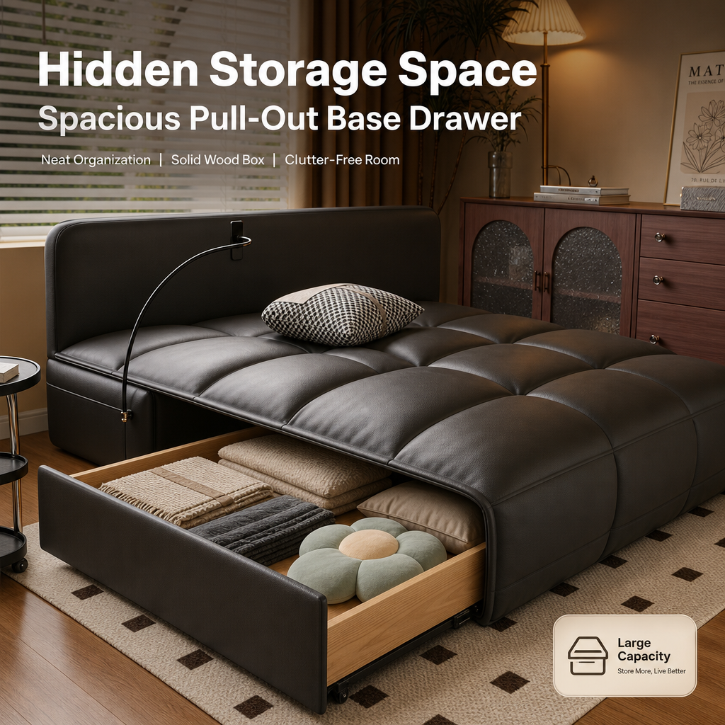 2‑in‑1 Leather Sofa Bed with Phone Holder & Hidden Storage, Convertible Pull‑Out Sleeper Couch with Wheels, Ergonomic Multi‑Posture Lounge Sofa for Small Apartment