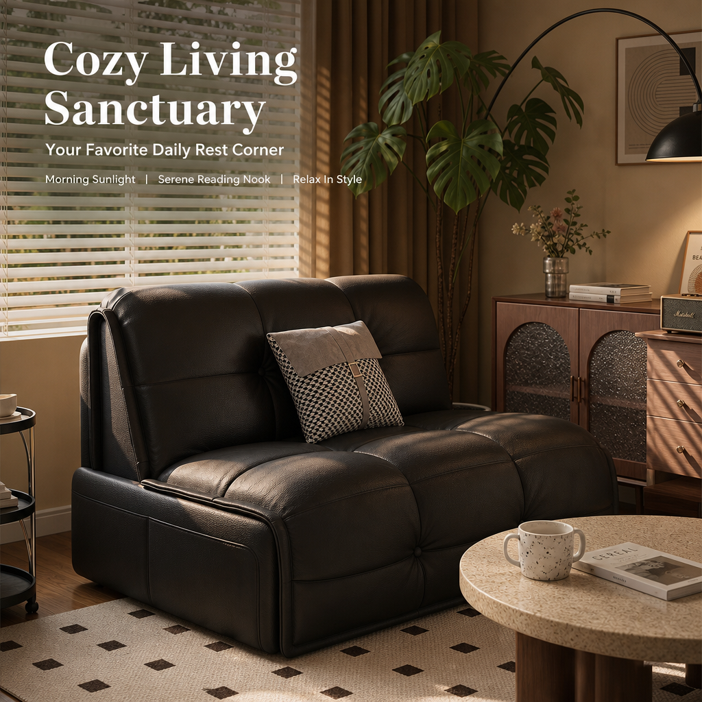 2‑in‑1 Leather Sofa Bed with Phone Holder & Hidden Storage, Convertible Pull‑Out Sleeper Couch with Wheels, Ergonomic Multi‑Posture Lounge Sofa for Small Apartment
