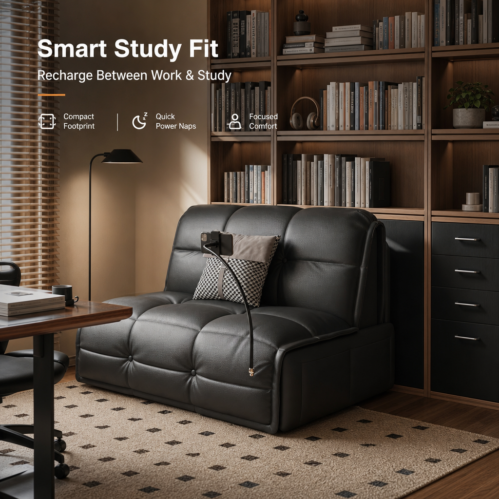 2‑in‑1 Leather Sofa Bed with Phone Holder & Hidden Storage, Convertible Pull‑Out Sleeper Couch with Wheels, Ergonomic Multi‑Posture Lounge Sofa for Small Apartment