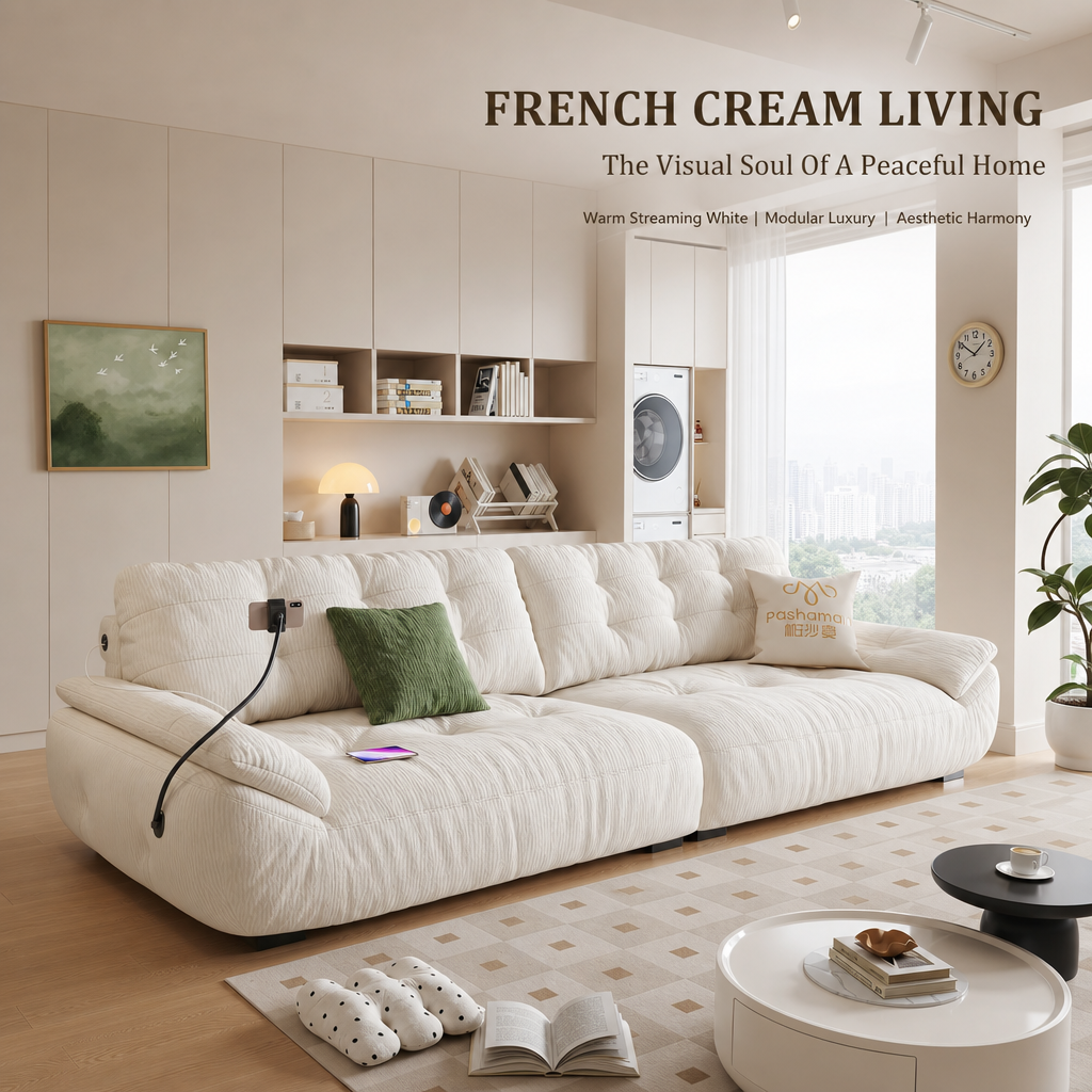 Cream Cloud Sectional Sofa with Removable Covers, Built‑in 360° Phone Holder & USB Charging Port, 58cm High Backrest Deep Seating Boucle Couch for Living Room
