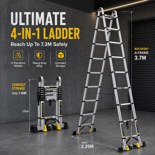 4‑in‑1 Telescopic Aluminium Ladder, 7.3M Multi‑Purpose Transformable Extension Ladder with Transport Wheels, 150KG Load Capacity