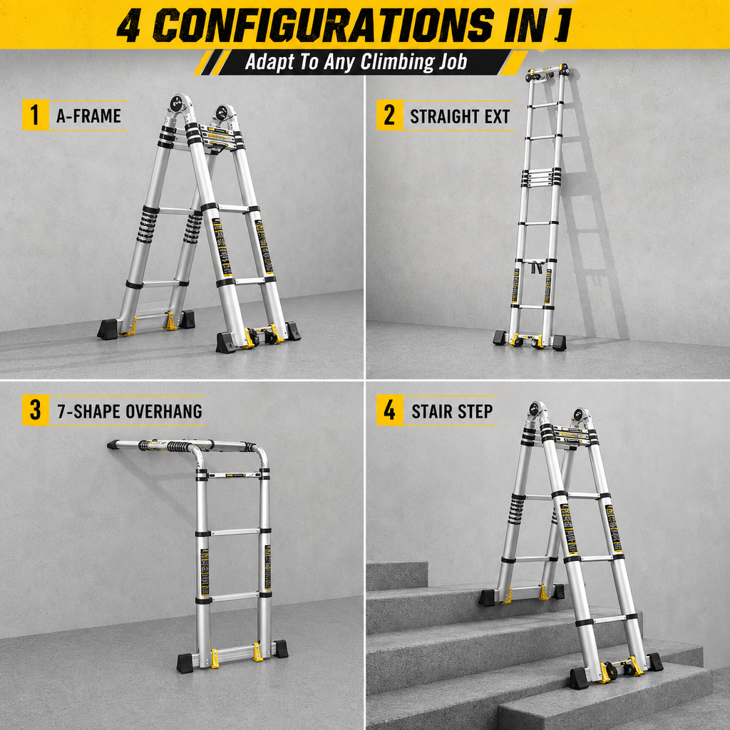 4‑in‑1 Telescopic Aluminium Ladder, 7.3M Multi‑Purpose Transformable Extension Ladder with Transport Wheels, 150KG Load Capacity