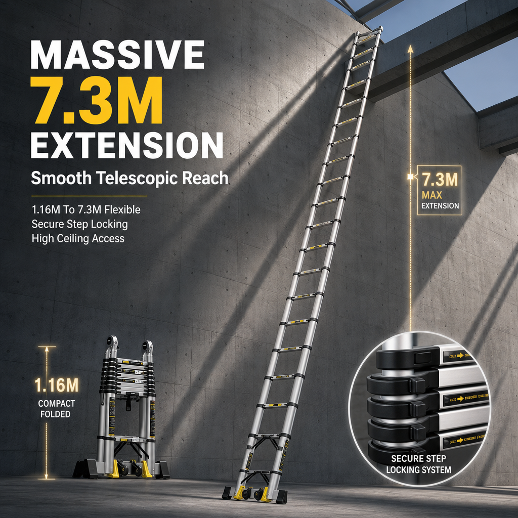 4‑in‑1 Telescopic Aluminium Ladder, 7.3M Multi‑Purpose Transformable Extension Ladder with Transport Wheels, 150KG Load Capacity