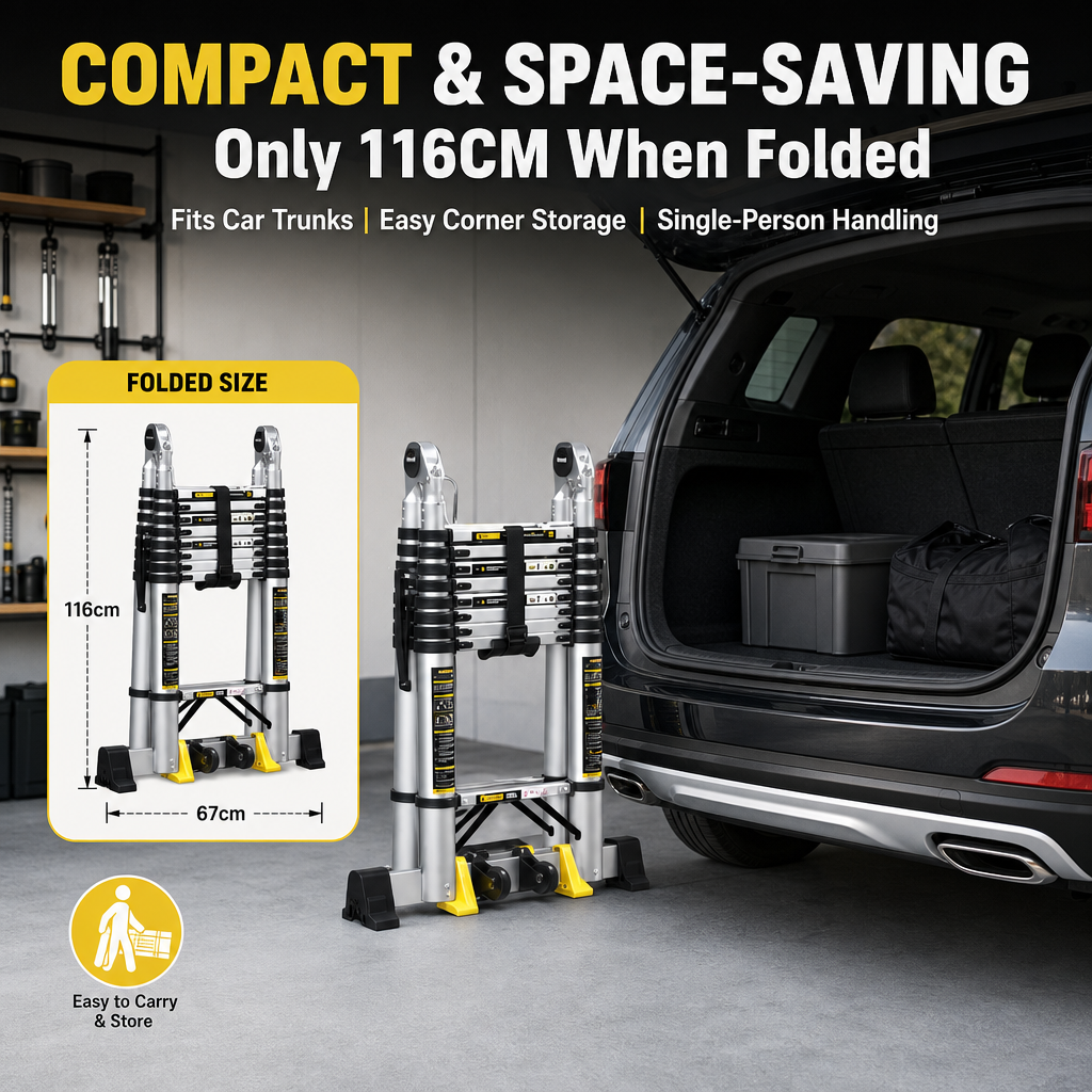 4‑in‑1 Telescopic Aluminium Ladder, 7.3M Multi‑Purpose Transformable Extension Ladder with Transport Wheels, 150KG Load Capacity