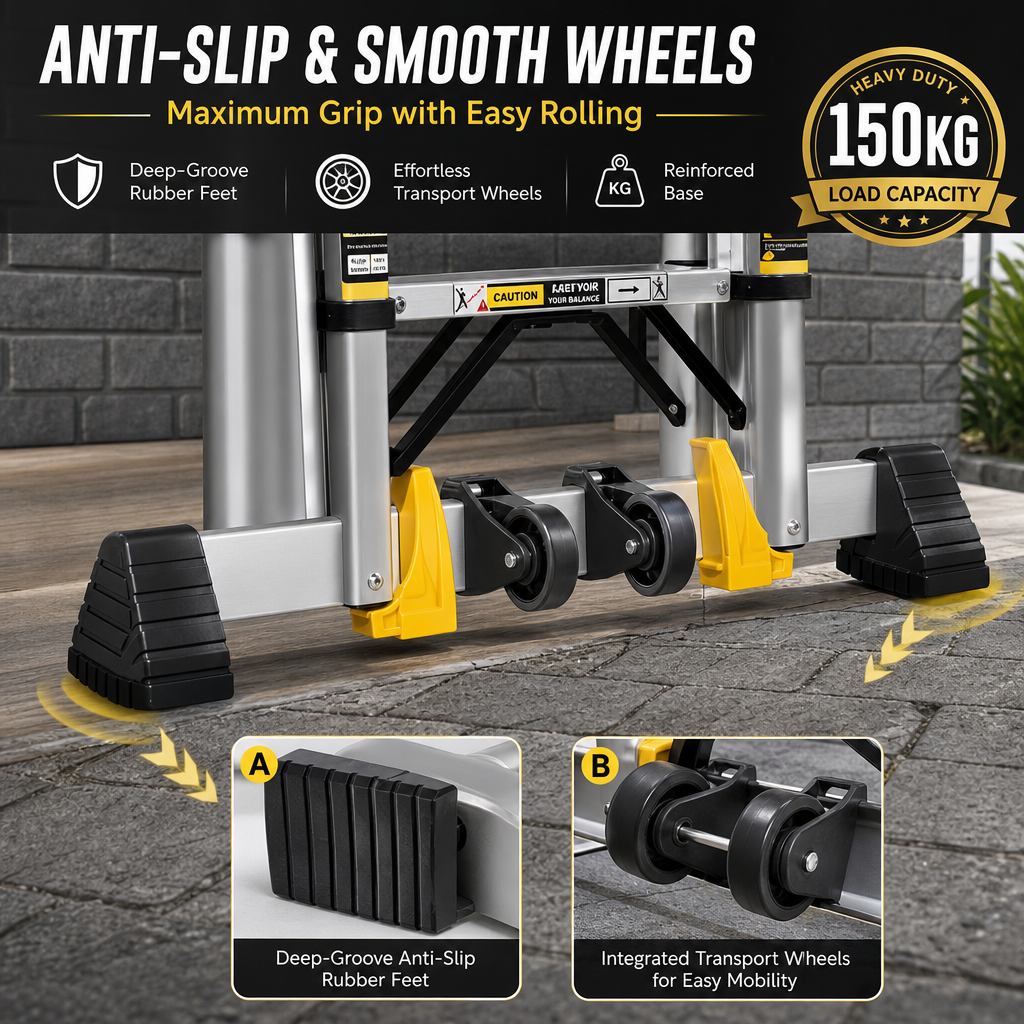 4‑in‑1 Telescopic Aluminium Ladder, 7.3M Multi‑Purpose Transformable Extension Ladder with Transport Wheels, 150KG Load Capacity
