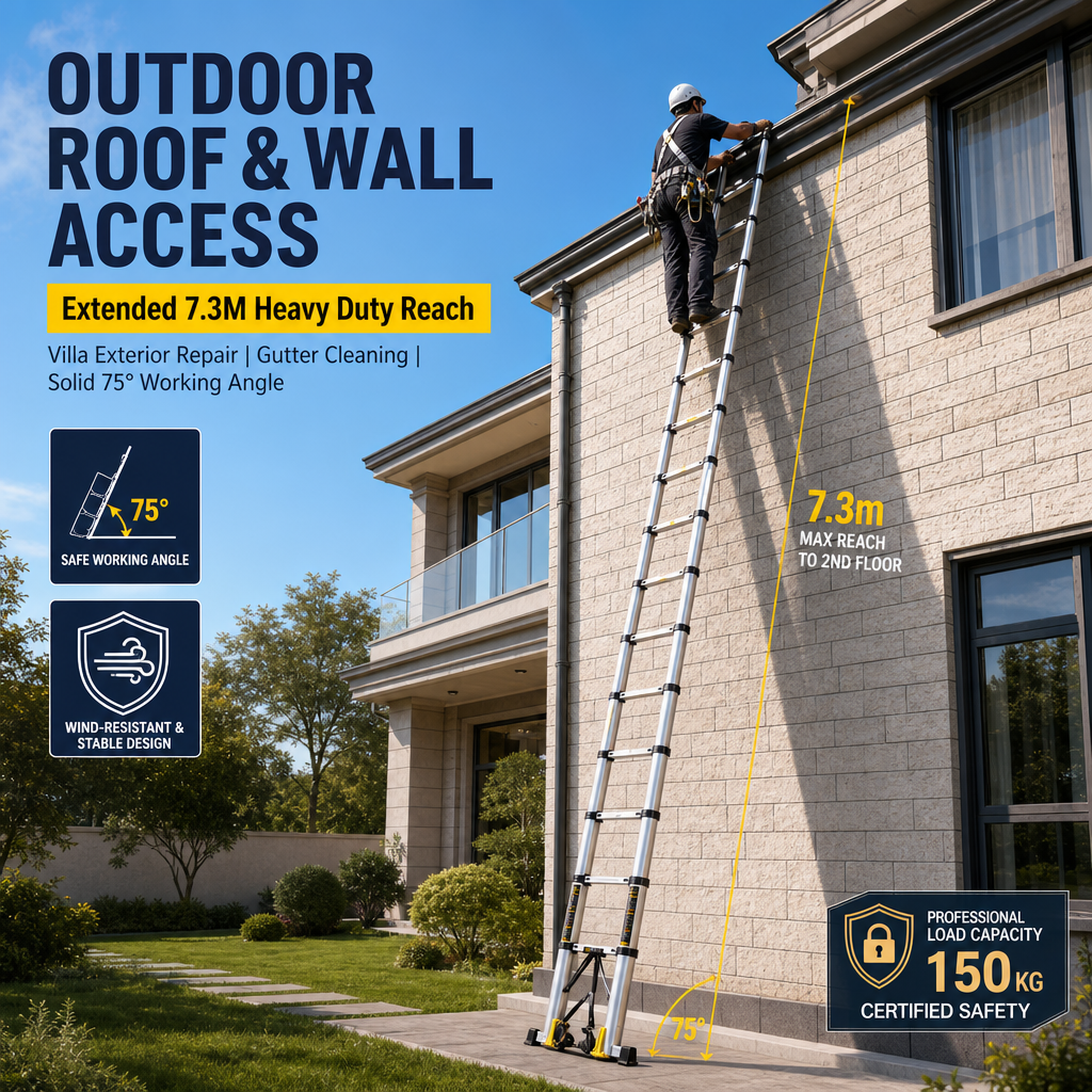 4‑in‑1 Telescopic Aluminium Ladder, 7.3M Multi‑Purpose Transformable Extension Ladder with Transport Wheels, 150KG Load Capacity