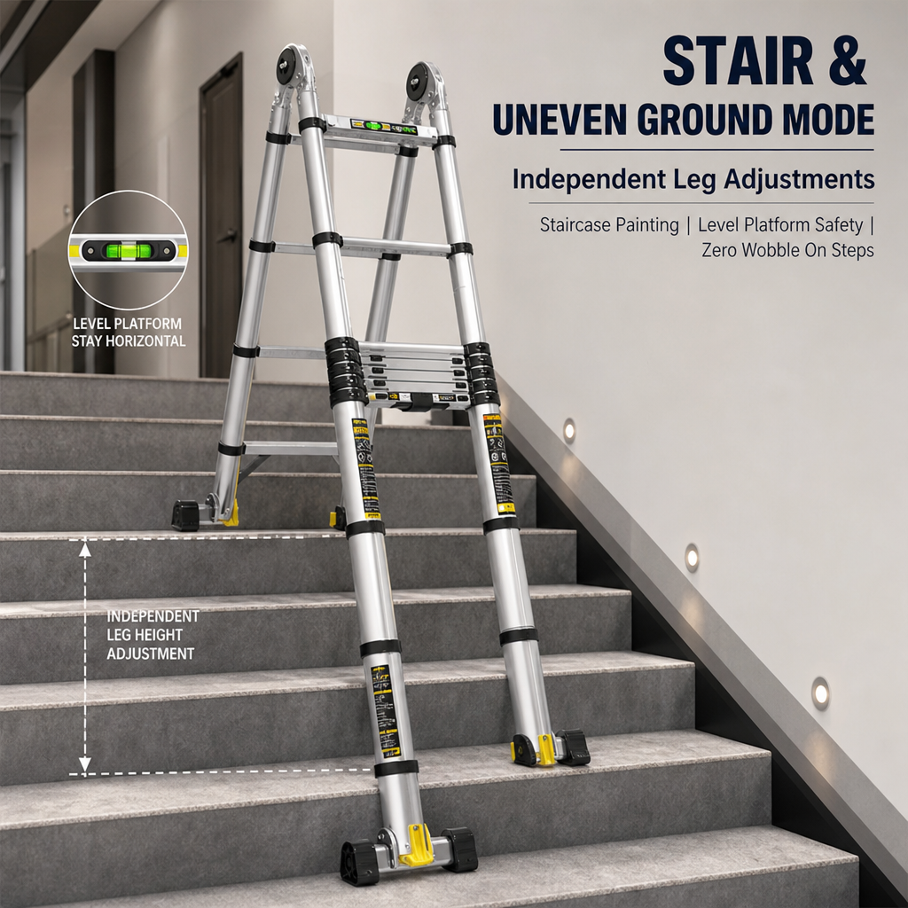 4‑in‑1 Telescopic Aluminium Ladder, 7.3M Multi‑Purpose Transformable Extension Ladder with Transport Wheels, 150KG Load Capacity