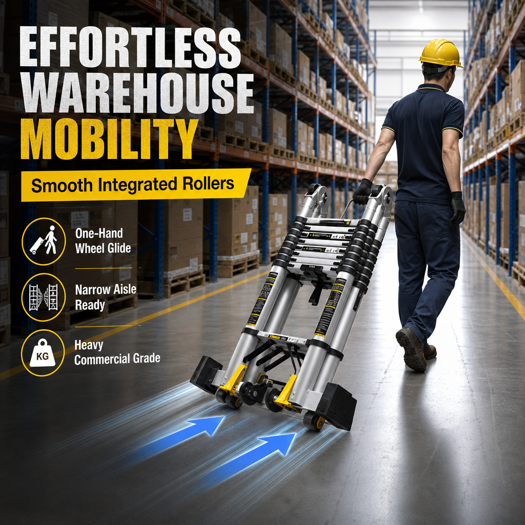 4‑in‑1 Telescopic Aluminium Ladder, 7.3M Multi‑Purpose Transformable Extension Ladder with Transport Wheels, 150KG Load Capacity
