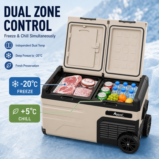 Alpicool Dual Zone Portable Car Refrigerator,‑20℃ Fast Cooling Compressor Fridge, 12V/24V/220V Smart App Controlled Cooler with Wheels for Camping Road Trip